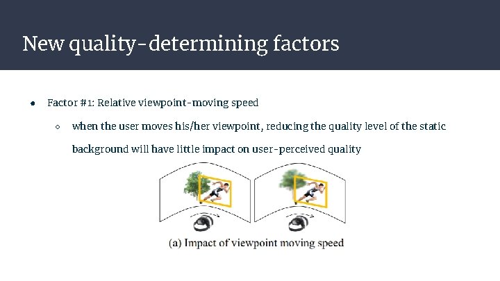 New quality-determining factors ● Factor #1: Relative viewpoint-moving speed ○ when the user moves