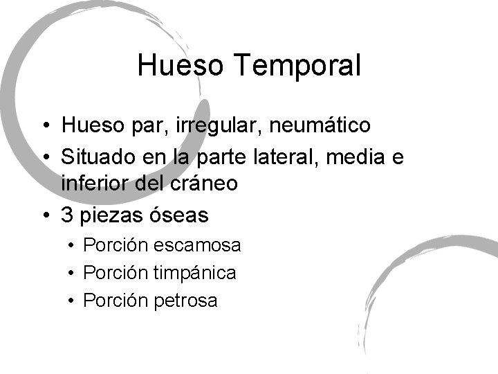 Hueso Temporal • Hueso par, irregular, neumático • Situado en la parte lateral, media