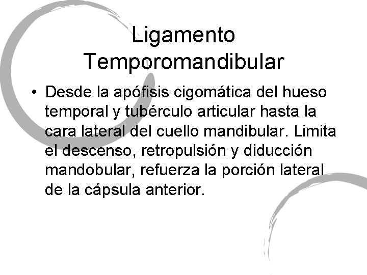 Ligamento Temporomandibular • Desde la apófisis cigomática del hueso temporal y tubérculo articular hasta