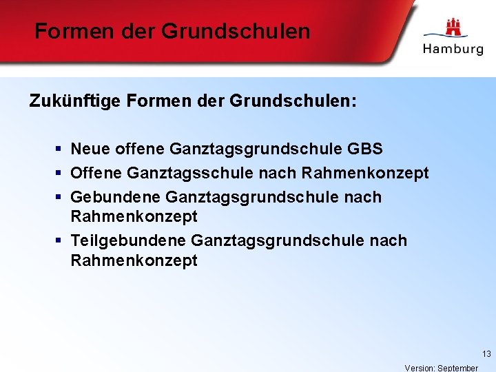 Formen der Grundschulen Zukünftige Formen der Grundschulen: § Neue offene Ganztagsgrundschule GBS § Offene