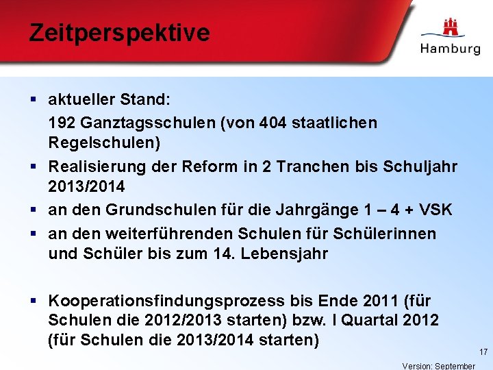 Zeitperspektive § aktueller Stand: 192 Ganztagsschulen (von 404 staatlichen Regelschulen) § Realisierung der Reform