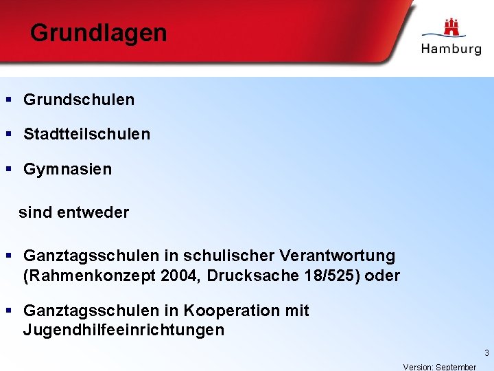 Grundlagen § Grundschulen § Stadtteilschulen § Gymnasien sind entweder § Ganztagsschulen in schulischer Verantwortung