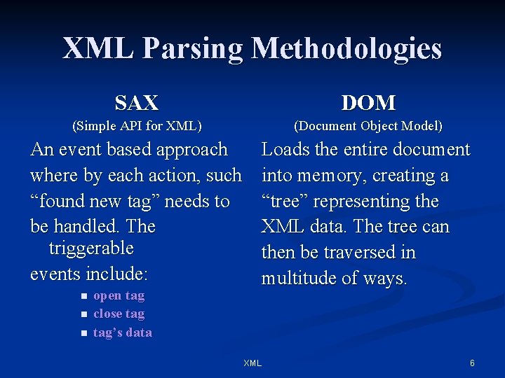 XML Parsing Methodologies SAX DOM (Simple API for XML) (Document Object Model) An event