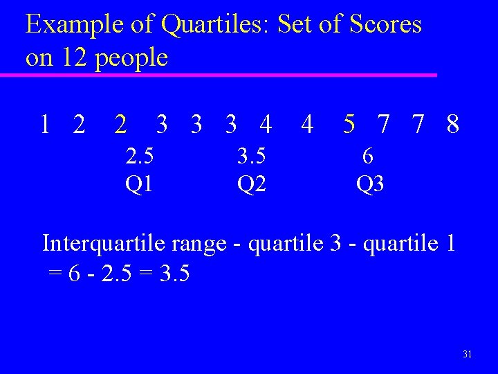 Example of Quartiles: Set of Scores on 12 people 1 2 2 3 3
