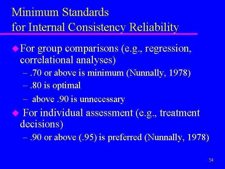 Minimum Standards for Internal Consistency Reliability u For group comparisons (e. g. , regression,