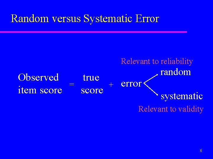 Random versus Systematic Error Relevant to reliability Observed true = + error item score