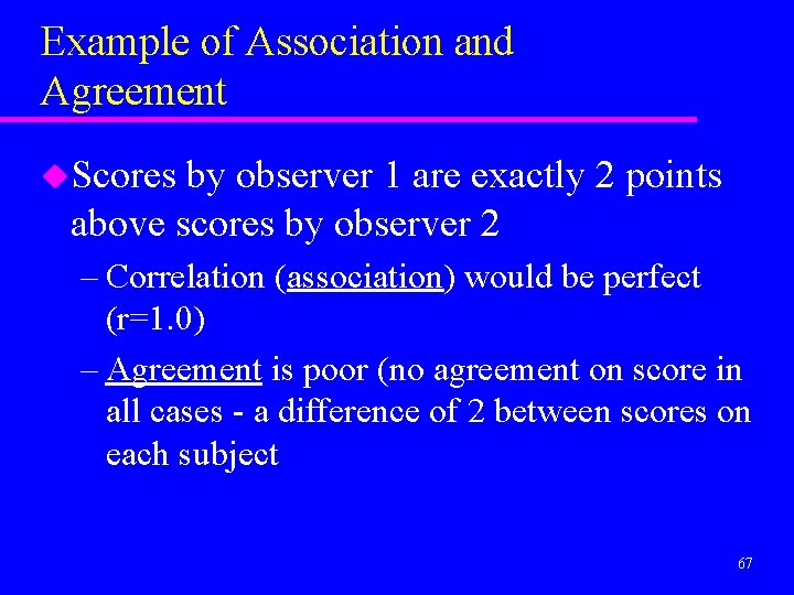 Example of Association and Agreement u. Scores by observer 1 are exactly 2 points