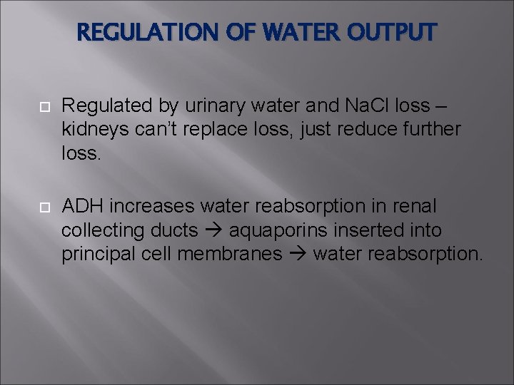 REGULATION OF WATER OUTPUT Regulated by urinary water and Na. Cl loss – kidneys REGULATION OF WATER OUTPUT Regulated by urinary water and Na. Cl loss – kidneys