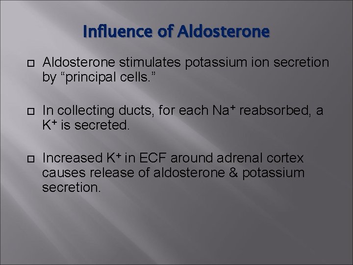 Influence of Aldosterone stimulates potassium ion secretion by “principal cells. ” In collecting ducts, Influence of Aldosterone stimulates potassium ion secretion by “principal cells. ” In collecting ducts,