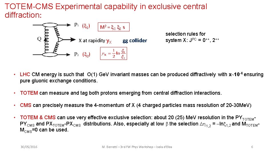 TOTEM-CMS Experimental capability in exclusive central diffraction: ( 1) M 2 = 1 2