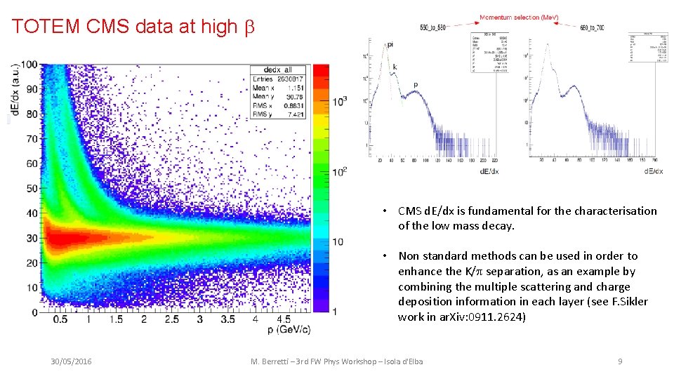 TOTEM CMS data at high • CMS d. E/dx is fundamental for the characterisation