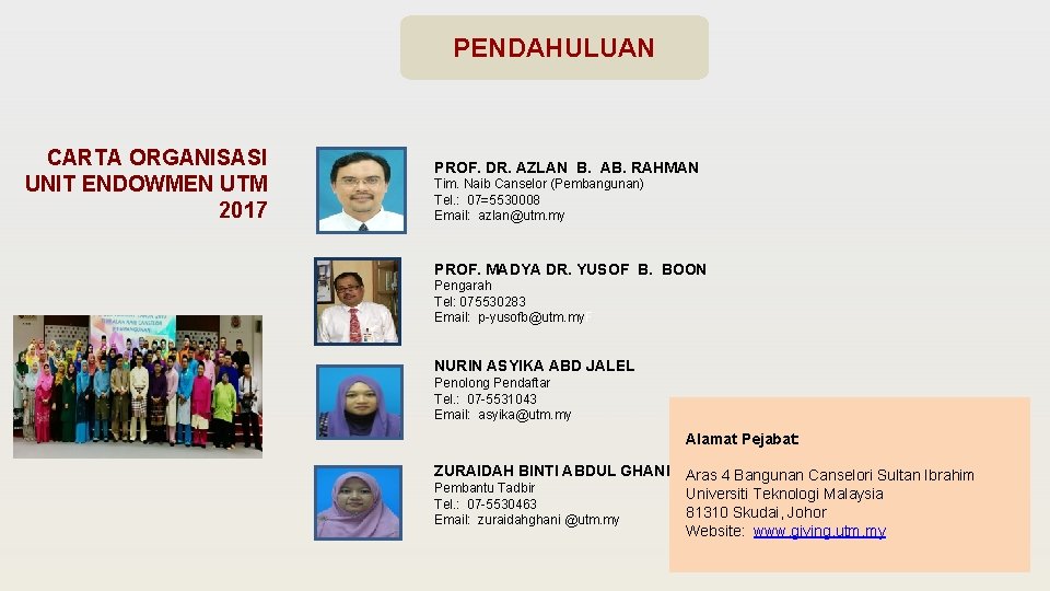 PENDAHULUAN CARTA ORGANISASI UNIT ENDOWMEN UTM 2017 PROF. DR. AZLAN B. AB. RAHMAN Tim.