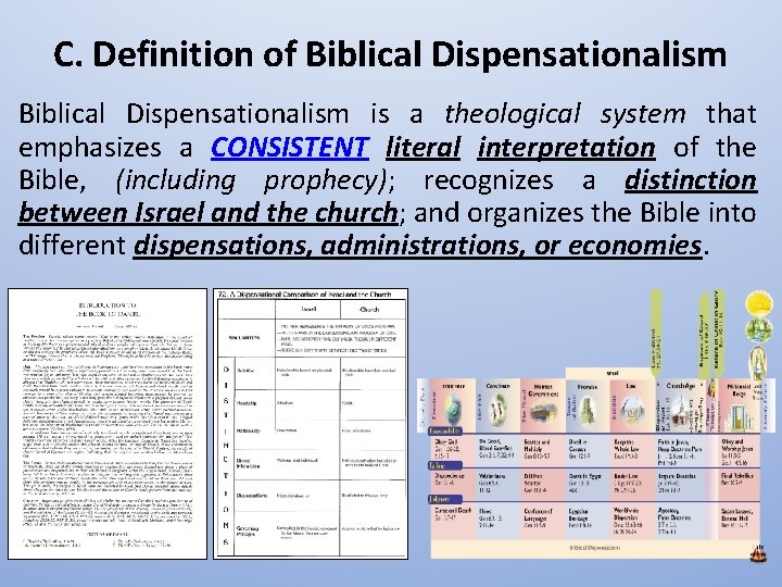 C. Definition of Biblical Dispensationalism is a theological system that emphasizes a CONSISTENT literal