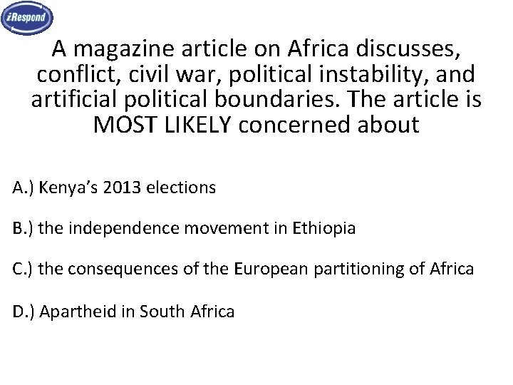 A magazine article on Africa discusses, conflict, civil war, political instability, and artificial political