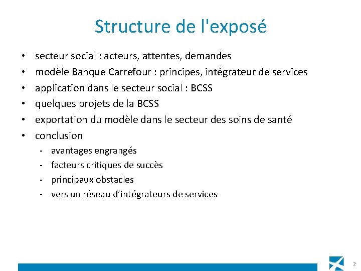 Structure de l'exposé • • • secteur social : acteurs, attentes, demandes modèle Banque