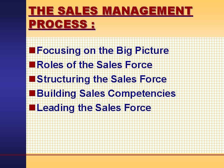 THE SALES MANAGEMENT PROCESS : n Focusing on the Big Picture n Roles of