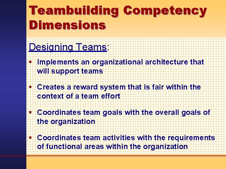 Teambuilding Competency Dimensions Designing Teams: § Implements an organizational architecture that will support teams