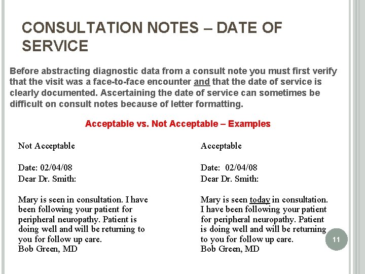 CONSULTATION NOTES – DATE OF SERVICE Before abstracting diagnostic data from a consult note