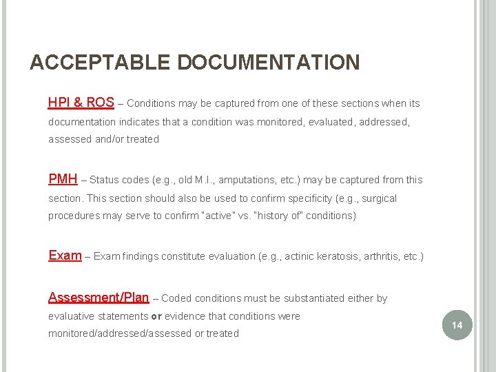 ACCEPTABLE DOCUMENTATION HPI & ROS – Conditions may be captured from one of these