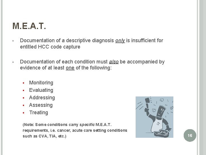 M. E. A. T. • Documentation of a descriptive diagnosis only is insufficient for