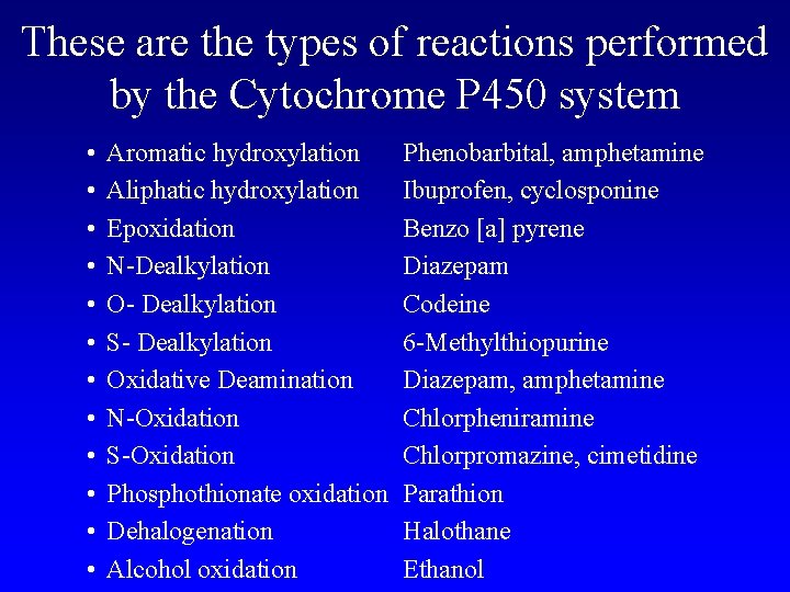 These are the types of reactions performed by the Cytochrome P 450 system •