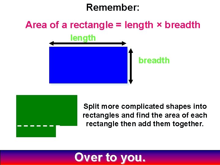 Remember: Area of a rectangle = length × breadth length breadth Split more complicated