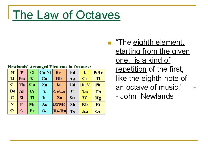The Law of Octaves n “The eighth element, starting from the given one, is