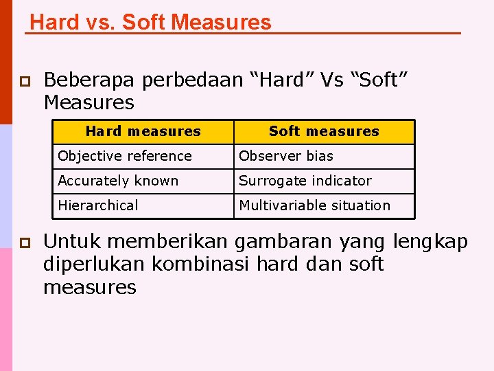 Hard vs. Soft Measures p Beberapa perbedaan “Hard” Vs “Soft” Measures Hard measures p