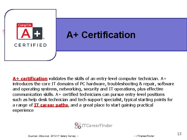 A+ Certification A+ certification validates the skills of an entry-level computer technician. A+ introduces