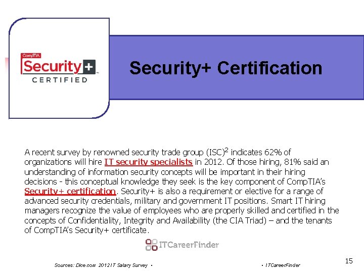 Security+ Certification A recent survey by renowned security trade group (ISC)2 indicates 62% of Security+ Certification A recent survey by renowned security trade group (ISC)2 indicates 62% of