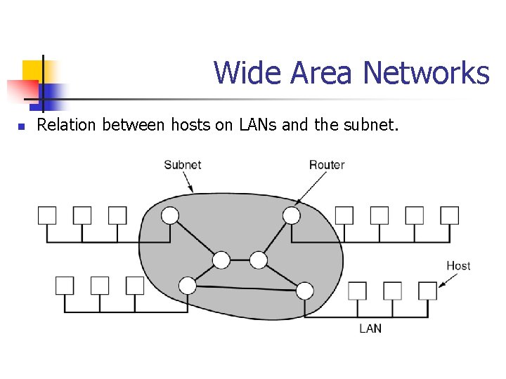 Wide Area Networks n Relation between hosts on LANs and the subnet. Wide Area Networks n Relation between hosts on LANs and the subnet.