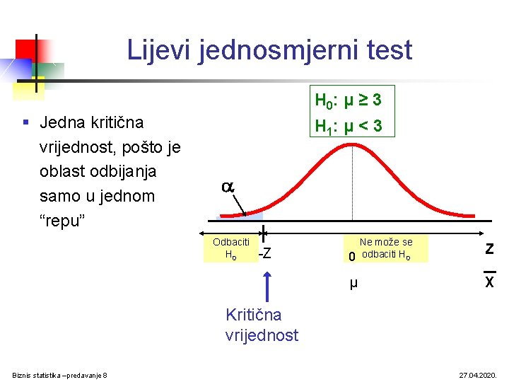 Lijevi jednosmjerni test H 0: μ ≥ 3 § Jedna kritična vrijednost, pošto je Lijevi jednosmjerni test H 0: μ ≥ 3 § Jedna kritična vrijednost, pošto je