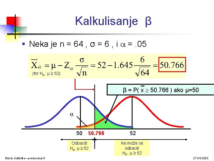 Kalkulisanje β § Neka je n = 64 , σ = 6 , i Kalkulisanje β § Neka je n = 64 , σ = 6 , i