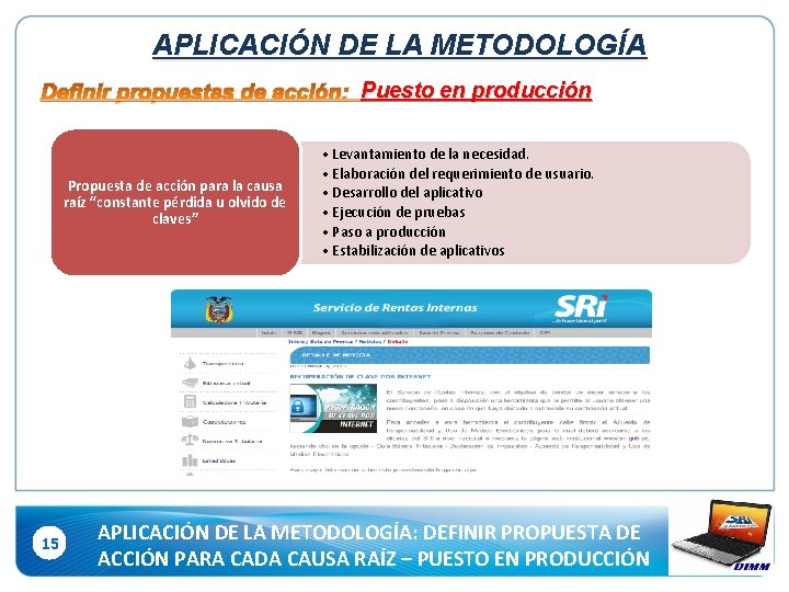 APLICACIÓN DE LA METODOLOGÍA Definir propuestas de acción: Puesto en producción Propuesta de acción