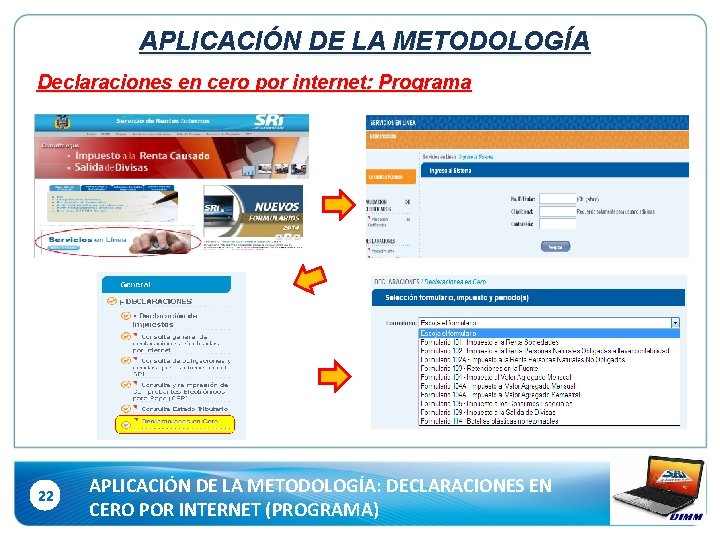 APLICACIÓN DE LA METODOLOGÍA Declaraciones en cero por internet: Programa 22 APLICACIÓN DE LA