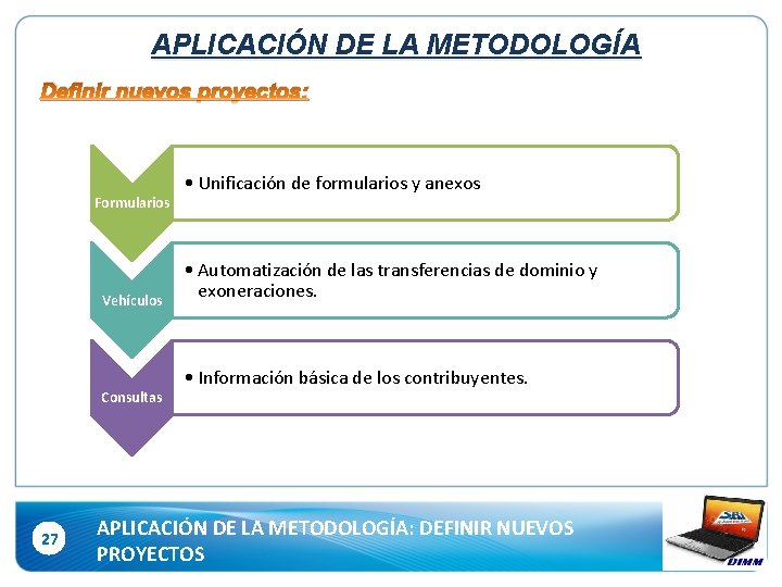 APLICACIÓN DE LA METODOLOGÍA Definir nuevos proyectos: Formularios Vehículos Consultas 27 • Unificación de