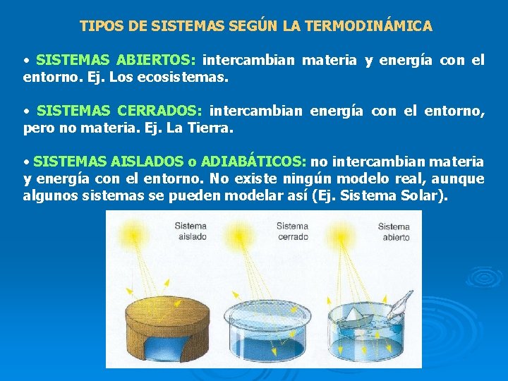 TIPOS DE SISTEMAS SEGÚN LA TERMODINÁMICA • SISTEMAS ABIERTOS: intercambian materia y energía con
