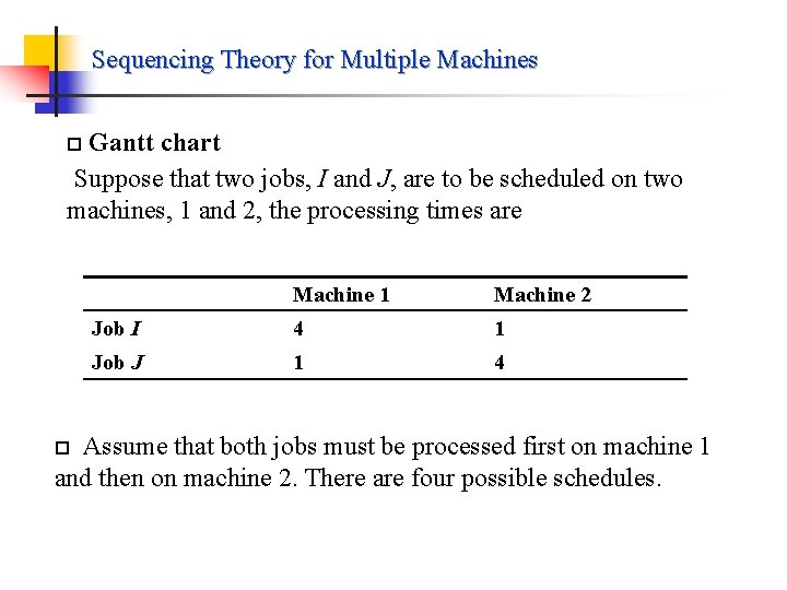 Sequencing Theory for Multiple Machines Gantt chart Suppose that two jobs, I and J,