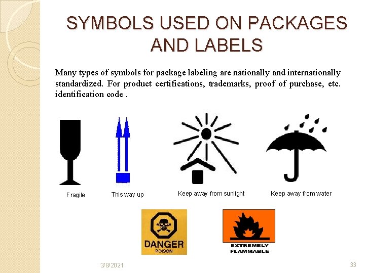 SYMBOLS USED ON PACKAGES AND LABELS Many types of symbols for package labeling are