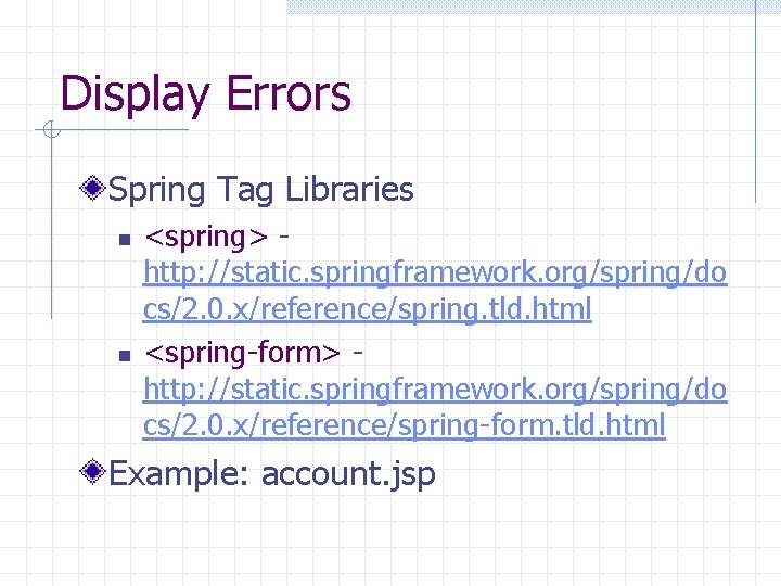 Display Errors Spring Tag Libraries n n <spring> http: //static. springframework. org/spring/do cs/2. 0.