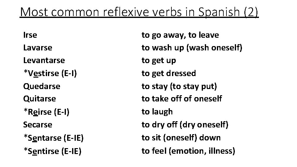 Most common reflexive verbs in Spanish (2) Irse Lavarse Levantarse *Vestirse (E-I) Quedarse Quitarse