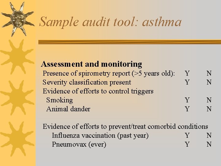 Sample audit tool: asthma Assessment and monitoring Presence of spirometry report (>5 years old):