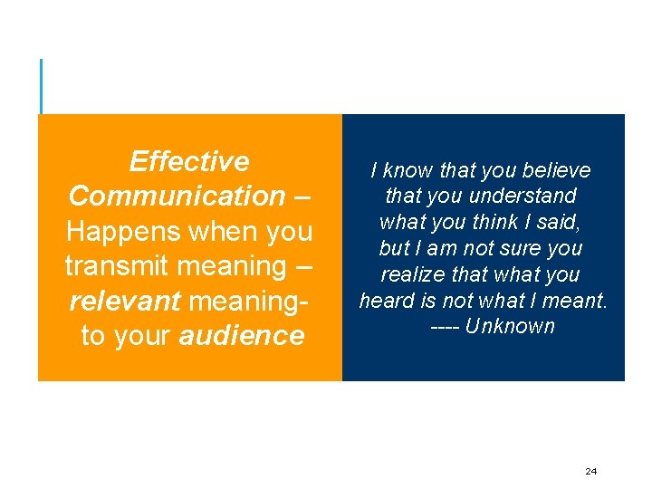 Effective Communication – Happens when you transmit meaning – relevant meaningto your audience I