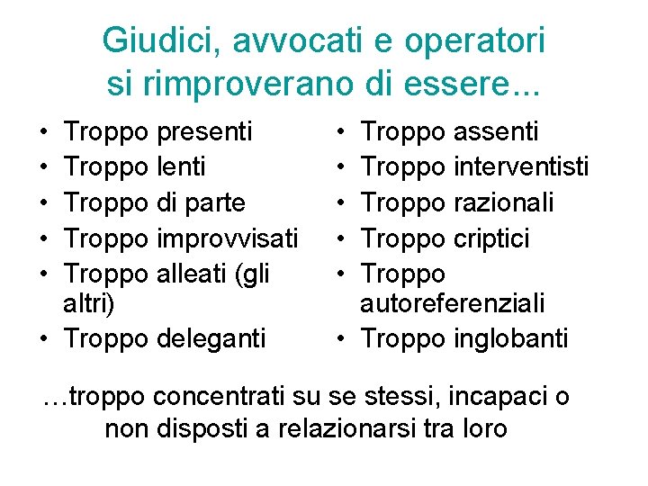 Giudici, avvocati e operatori si rimproverano di essere. . . • • • Troppo