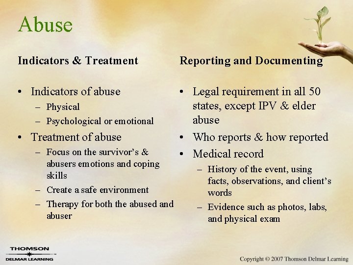 Abuse Indicators & Treatment Reporting and Documenting • Indicators of abuse • Legal requirement