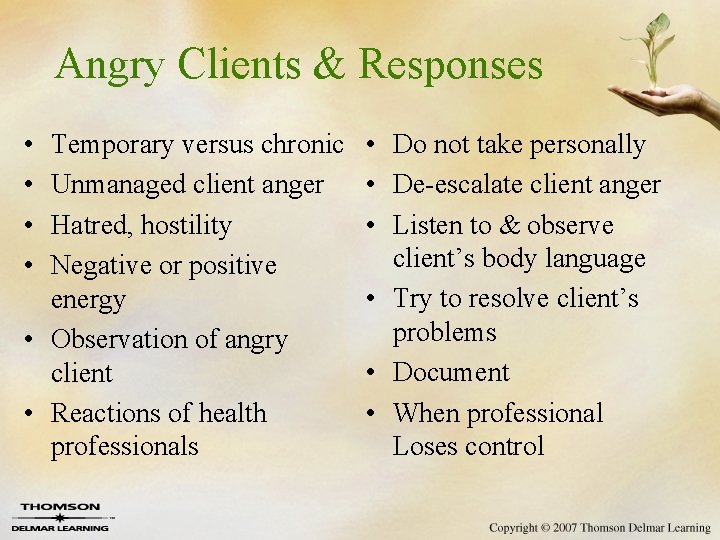 Angry Clients & Responses • • Temporary versus chronic Unmanaged client anger Hatred, hostility