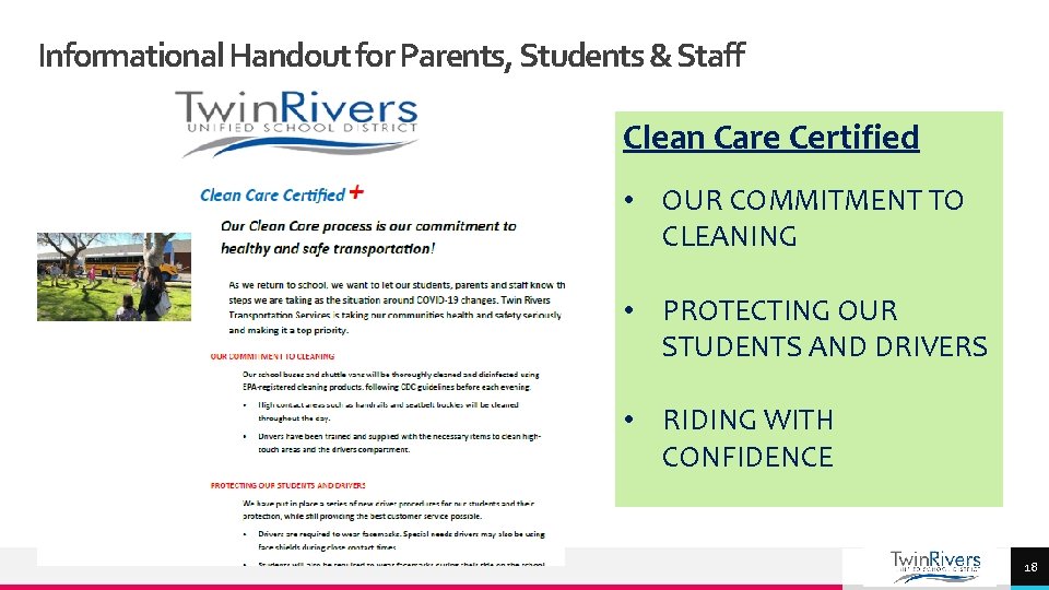 Informational Handout for Parents, Students & Staff Clean Care Certified • OUR COMMITMENT TO