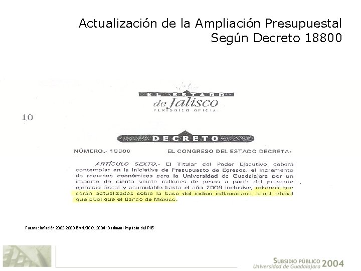 Actualización de la Ampliación Presupuestal Según Decreto 18800 Fuente: Inflación 2002 -2003 BANXICO, 2004