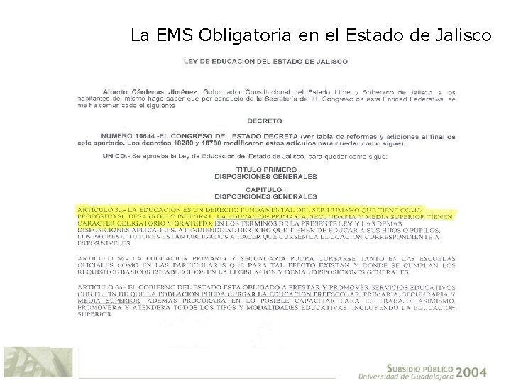 La EMS Obligatoria en el Estado de Jalisco 