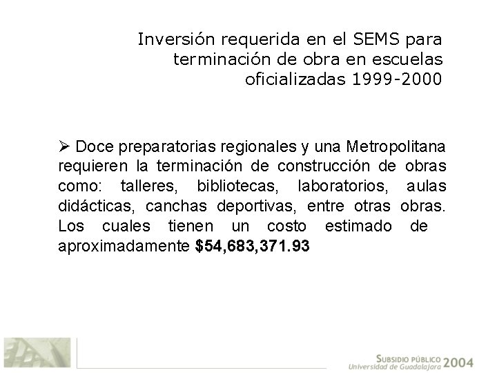 Inversión requerida en el SEMS para terminación de obra en escuelas oficializadas 1999 -2000
